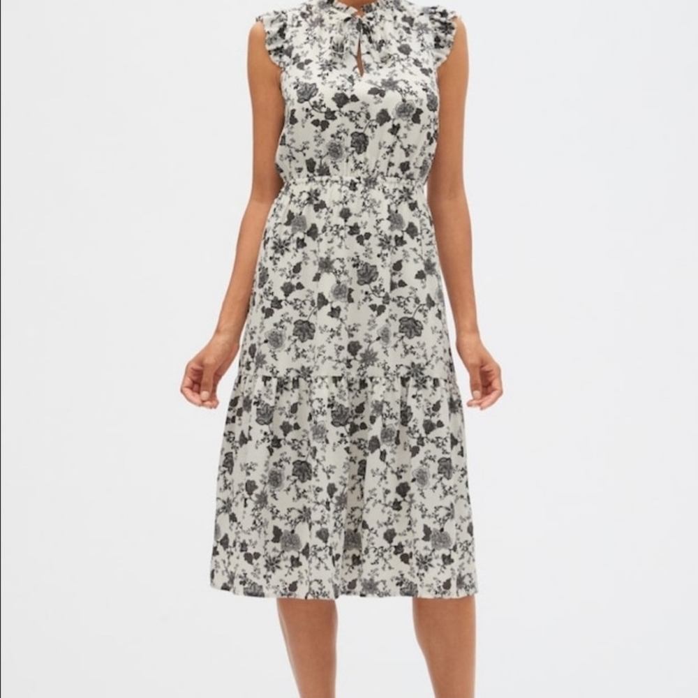 Banana Republic Floral Sleeveless Ruffle Tie Neck Midi Dress - 12